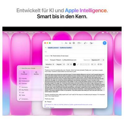 Un écran d'ordinateur affiche une application de courrier électronique avec des suggestions de correction de texte mises en évidence. En haut, il est écrit « Développé pour l'IA et Apple Intelligence. Intelligent jusqu'au cœur. »