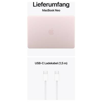 Contenu de la livraison : MacBook Neo en or rose et un câble de charge USB-C de 1,5 m.