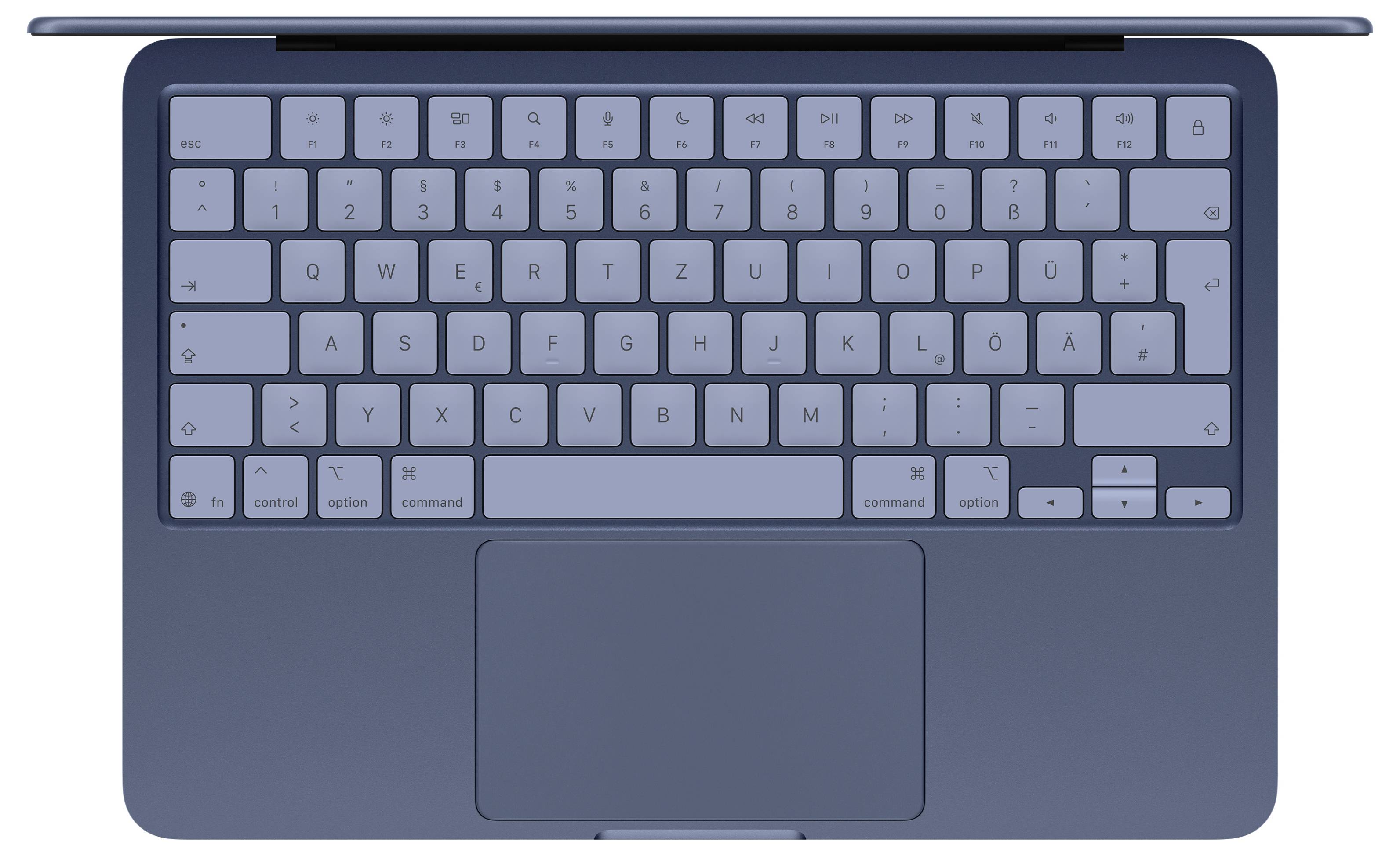 Vue de dessus d'un ordinateur portable ouvert montrant un clavier avec des lettres anglaises et des touches spéciales, et un pavé tactile en dessous, posé sur une surface plane.