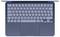 Vue de dessus d'un ordinateur portable ouvert montrant un clavier avec des lettres anglaises et des touches spéciales, et un pavé tactile en dessous, posé sur une surface plane.