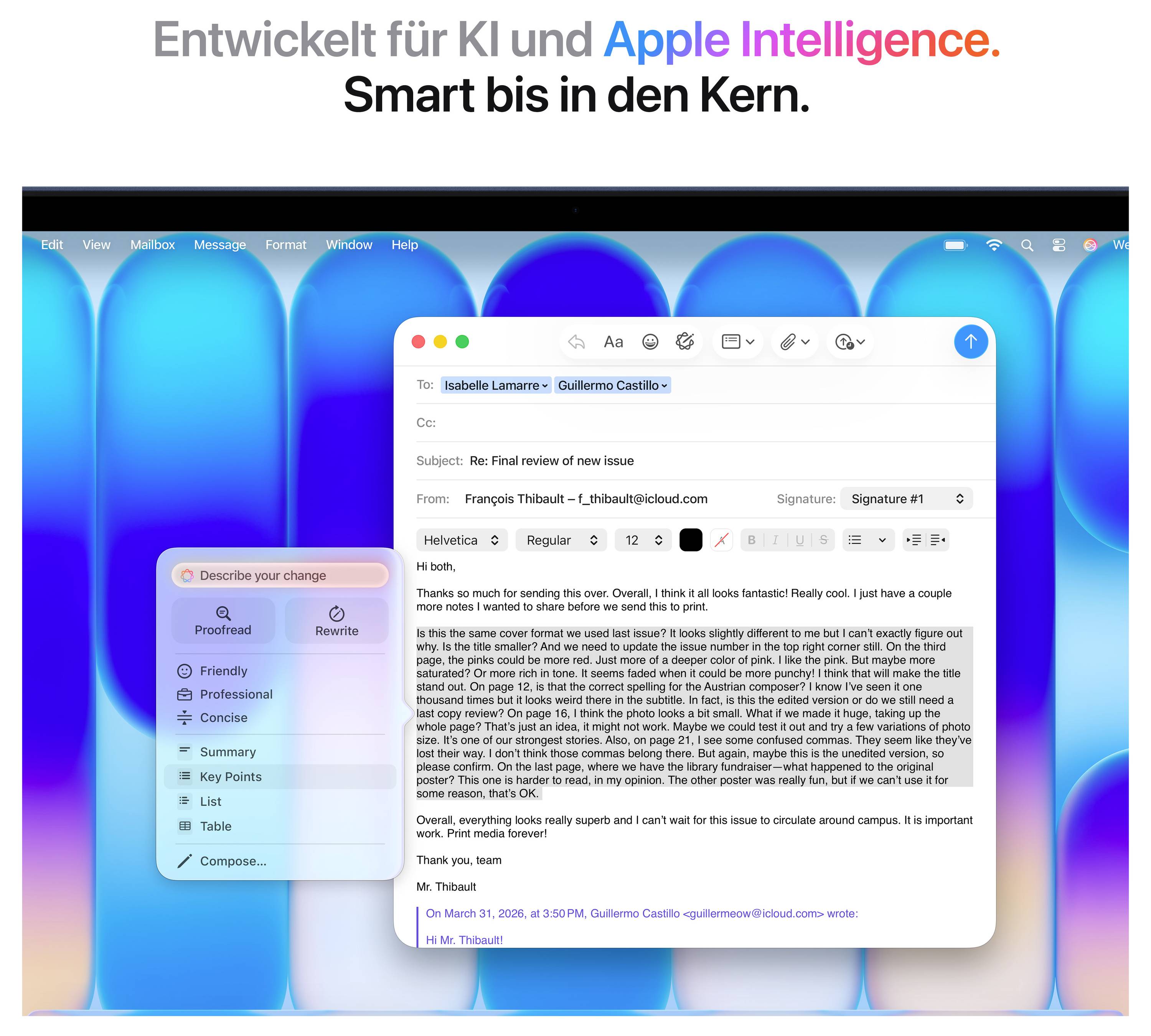 Un écran d'ordinateur affiche une application de messagerie électronique avec le texte « Développé pour l'IA et Apple Intelligence. Intelligent jusqu'à la moelle. » en arrière-plan.