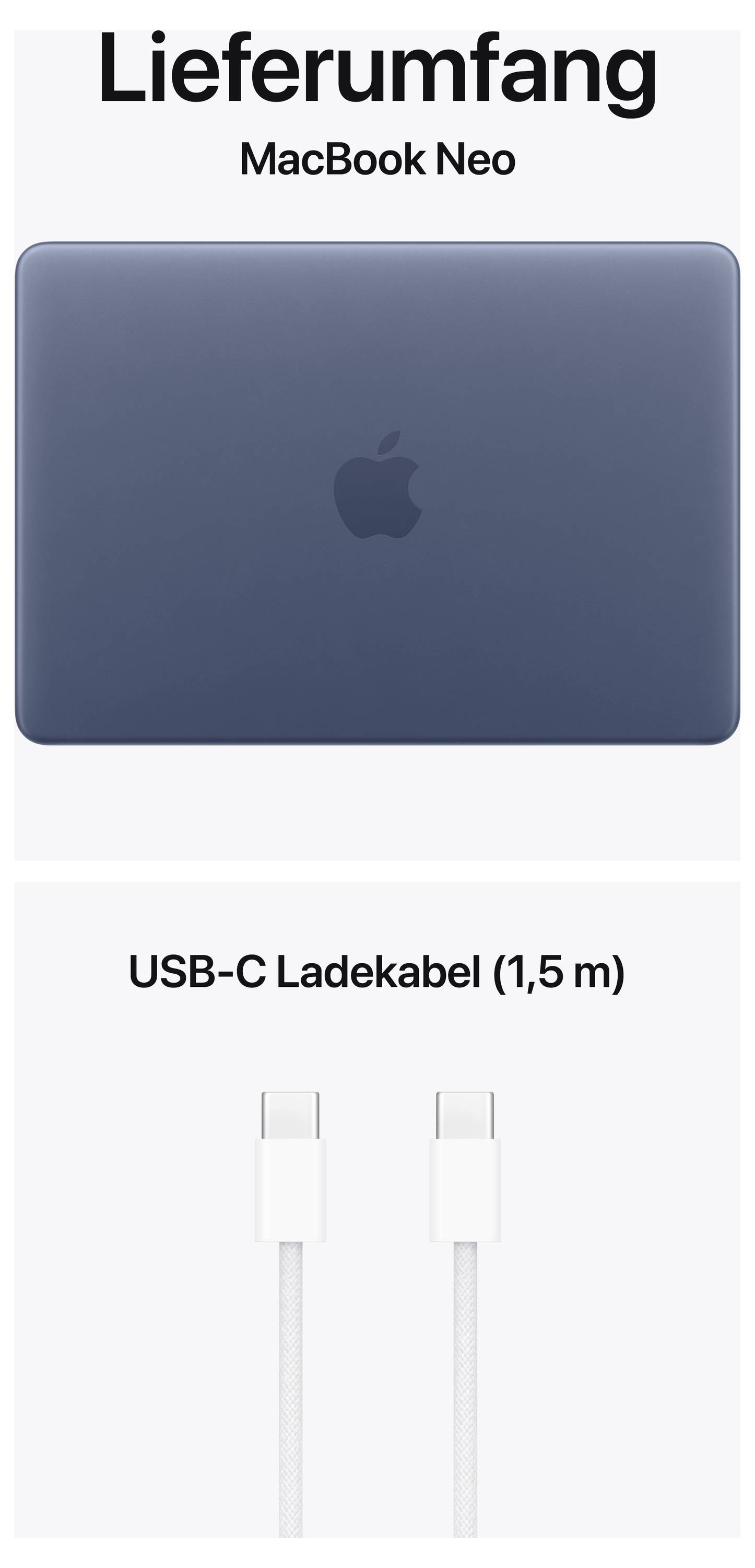 'Contenu du MacBook Neo : MacBook en couleur bleue, câble de charge USB-C (1,5 m).'