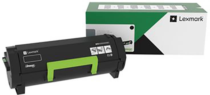 Cartouche de toner noir 'Lexmark' avec poignée verte devant une boîte de marque.