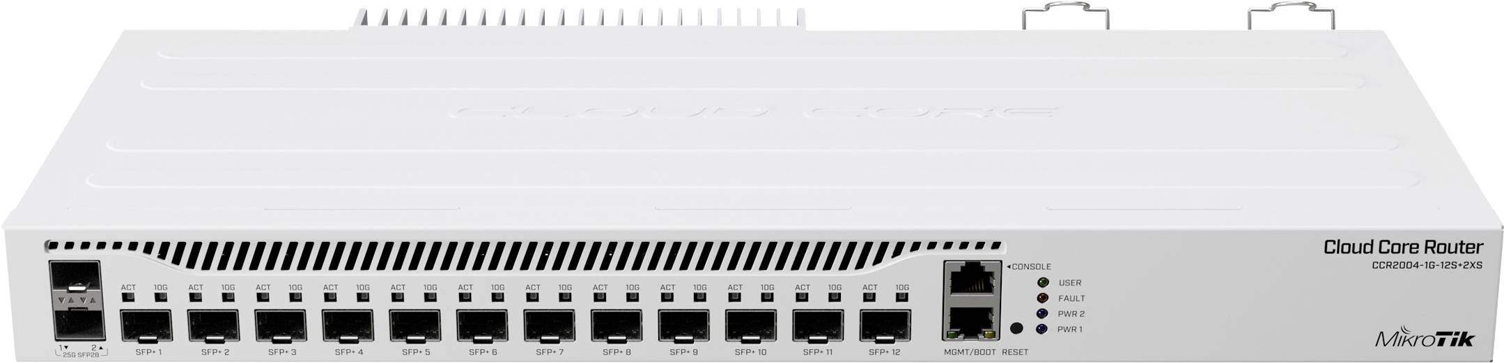 Un dispositif réseau blanc étiqueté « Cloud Core Router » avec plusieurs ports Ethernet et des voyants d'état indicateurs sur le panneau avant.