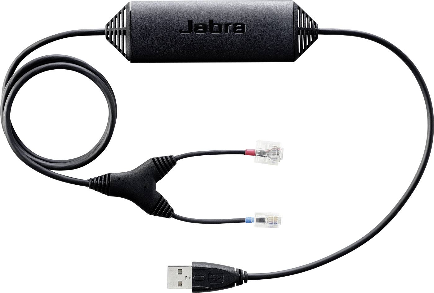 'Adaptateur USB Jabra avec connecteurs RJ9 et RJ10 pour l'intégration téléphonique.'