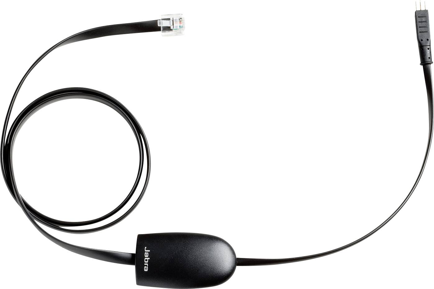 Un câble téléphonique noir avec un connecteur RJ-9 à une extrémité et un connecteur à deux broches à l'autre extrémité, utilisé pour connecter les casques aux téléphones.