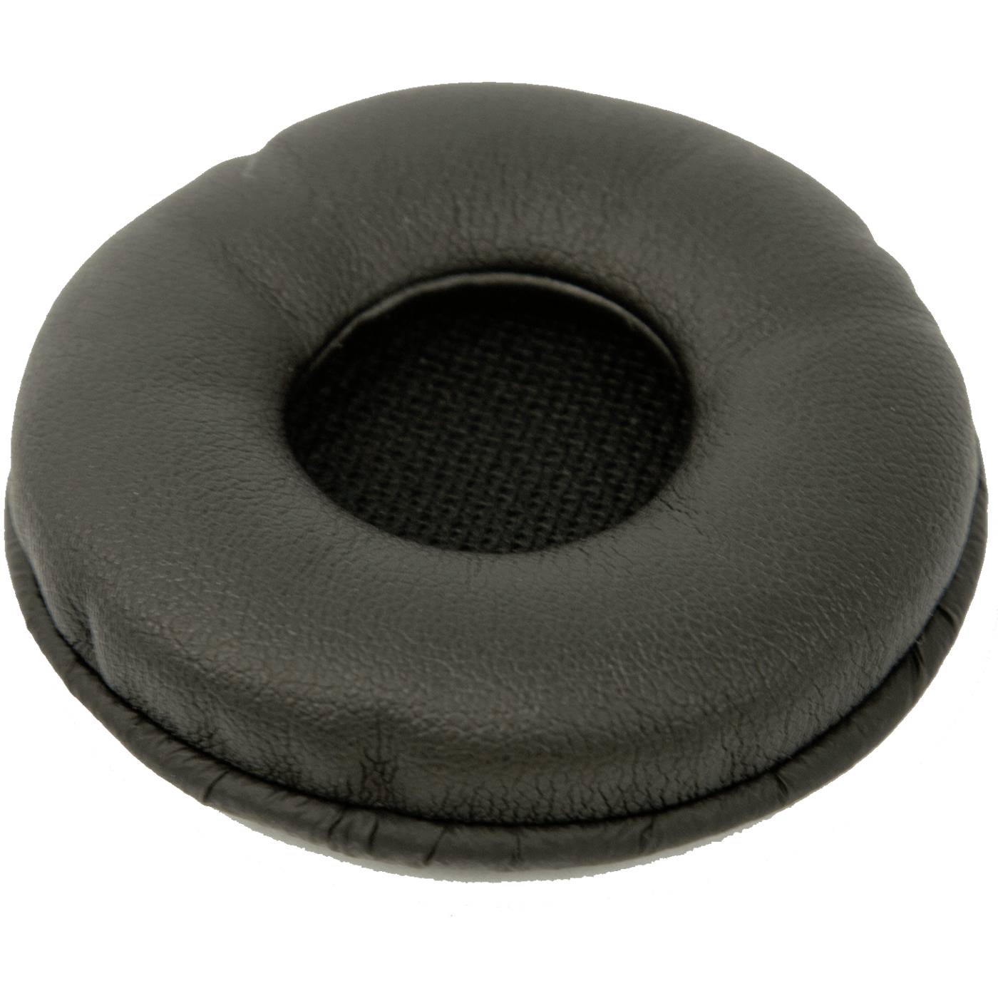Coussin rond rembourré noir avec une ouverture centrale, probablement un remplacement de coussin auriculaire ou un insert de coussin de siège sur fond blanc.