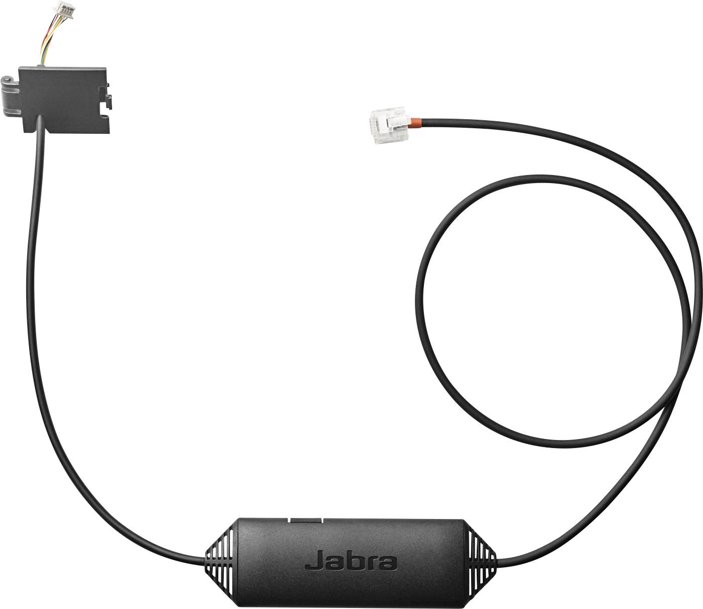 Un adaptateur de crochet électronique Jabra avec un câble noir et des connecteurs à chaque extrémité, conçu pour l'intégration du téléphone et du casque.