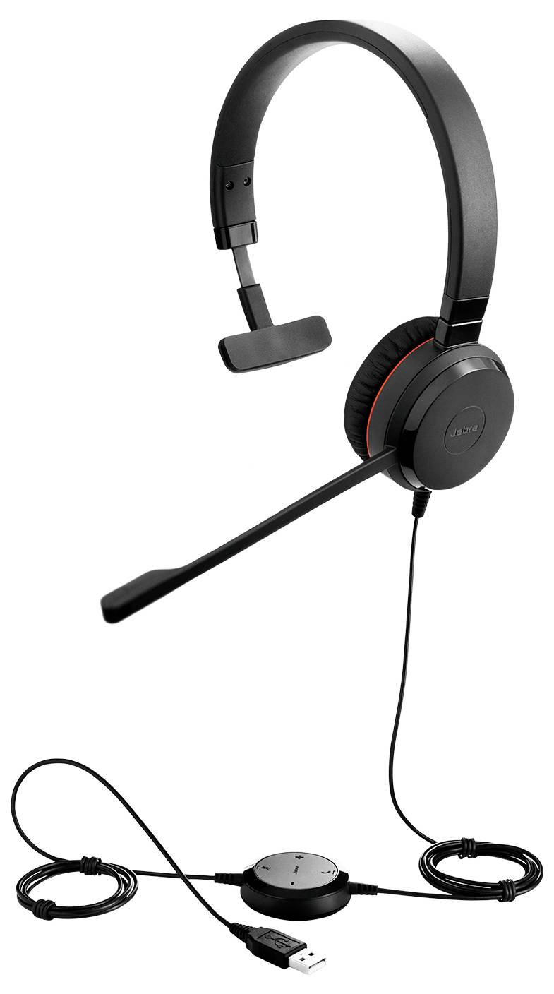 Un casque USB à enfiler par-dessus la tête de couleur noire avec un seul écouteur et un microphone ajustable, accompagné d'un module de commande intégré au câble.
