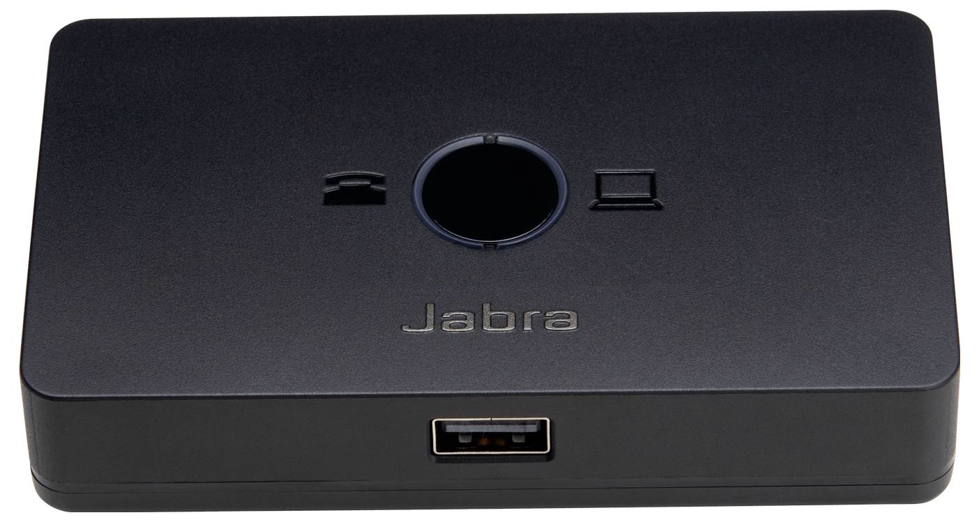 Appareil de téléconférence Jabra noir avec un bouton rond central, de petites icônes de contrôle au-dessus et un port USB à l'avant.