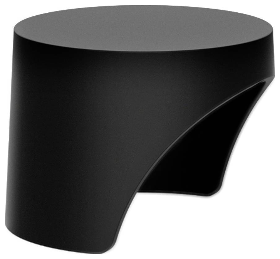 Table ou tabouret cylindrique noir avec une ouverture découpée incurvée sur un côté, présenté sur un fond blanc.