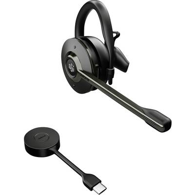 Casque supra-auriculaire Jabra noir avec micro boom et dongle de charge USB-C présenté sur un fond blanc.