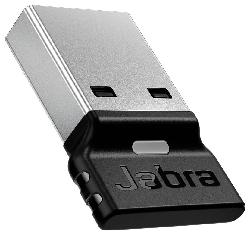 Adaptateur dongle USB sans fil Jabra, argent et noir, présenté sur un fond blanc.