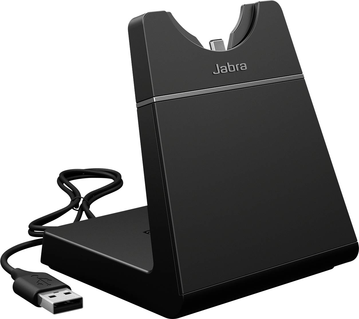Un support de charge Jabra noir avec un câble USB connecté, conçu pour maintenir et charger les casques audio.