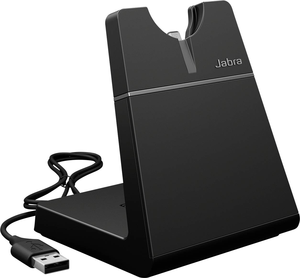 Un socle de charge Jabra noir avec un câble USB, conçu pour tenir et recharger un casque, présenté sur un fond blanc.