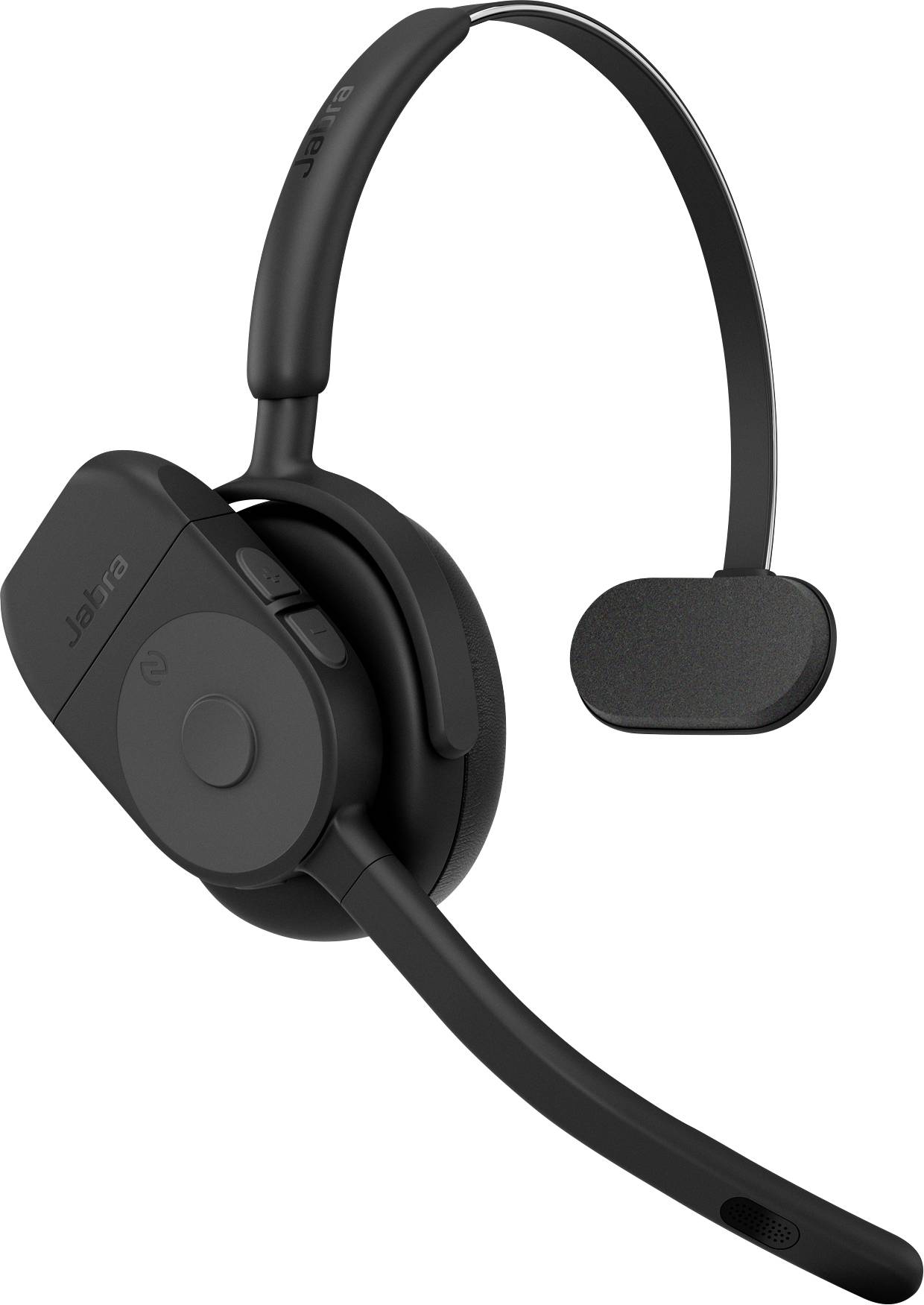Un casque audio sans fil noir avec un microphone sur un serre-tête réglable, doté d'un coussin auriculaire rembourré et de boutons de contrôle sur le côté.