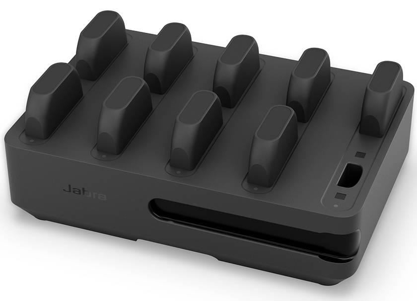 Socle de recharge Jabra noir avec huit fentes verticales pour recharger plusieurs casques.