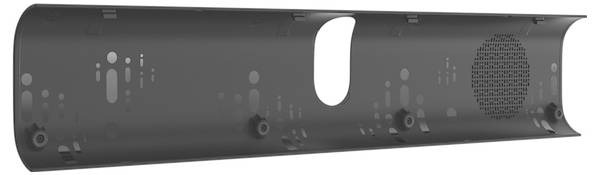 Panneau métallique cylindrique noir avec perforations, trous de montage et une grande découpe centrale, présenté en vue latérale sur fond blanc.