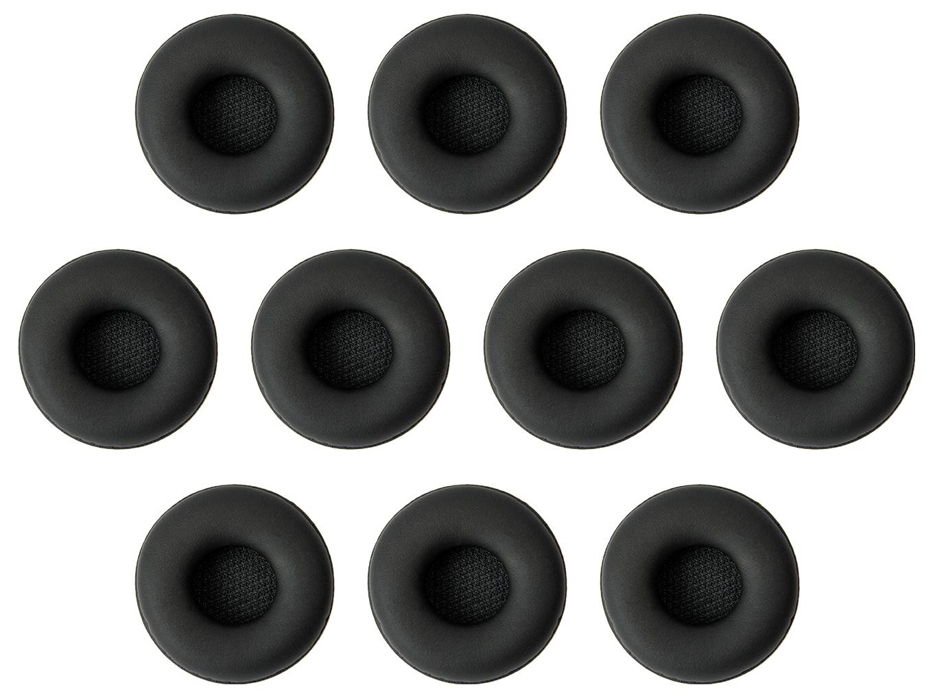 Dix coussins auriculaires ovales noirs disposés en trois rangées sur un fond blanc.