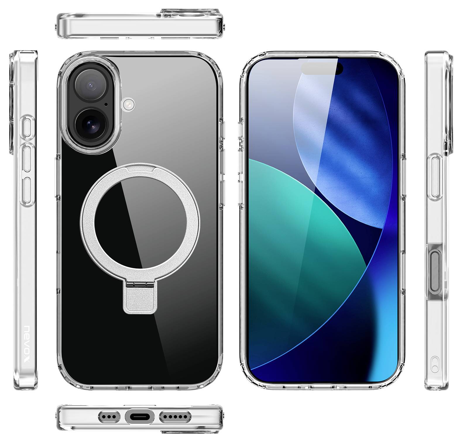 Vue de face et de dos d'un smartphone avec un étui transparent présentant un anneau métallique pour une meilleure prise en main et un montage facile.