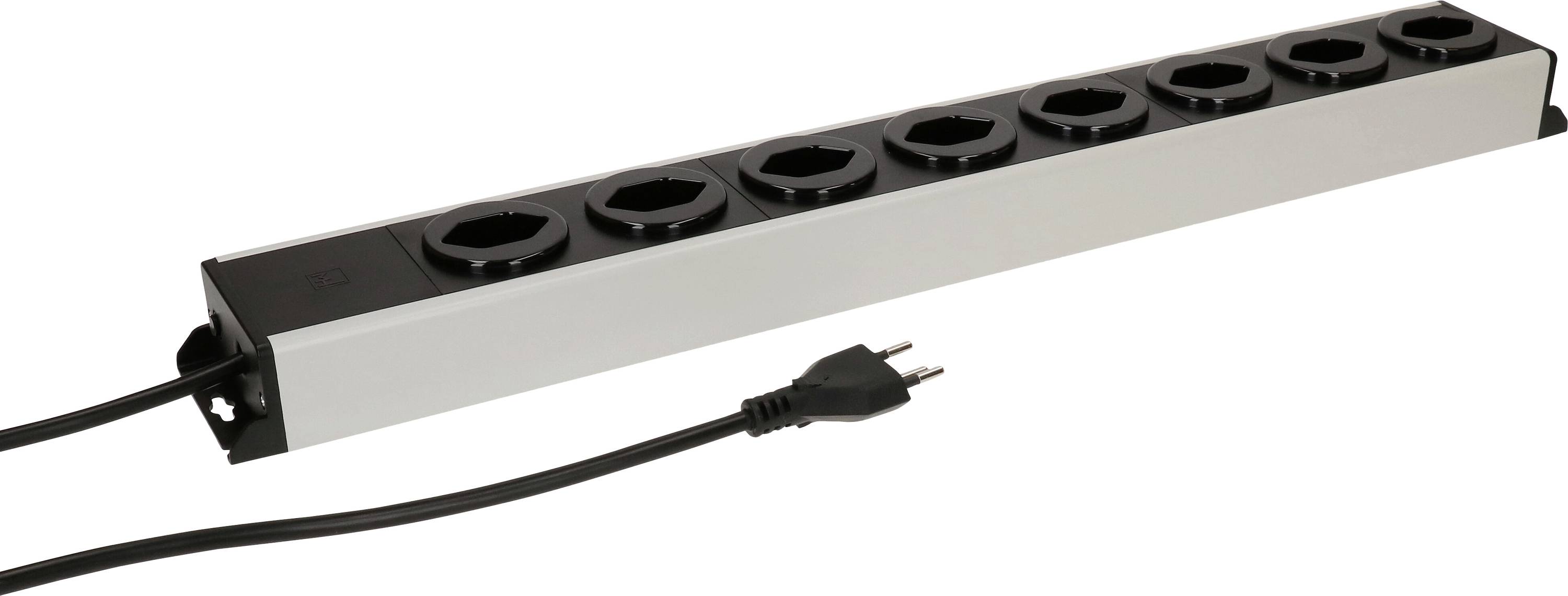 Une multiprise avec huit prises et un câble noir, conçue pour la connectivité électrique, posée sur un fond blanc.