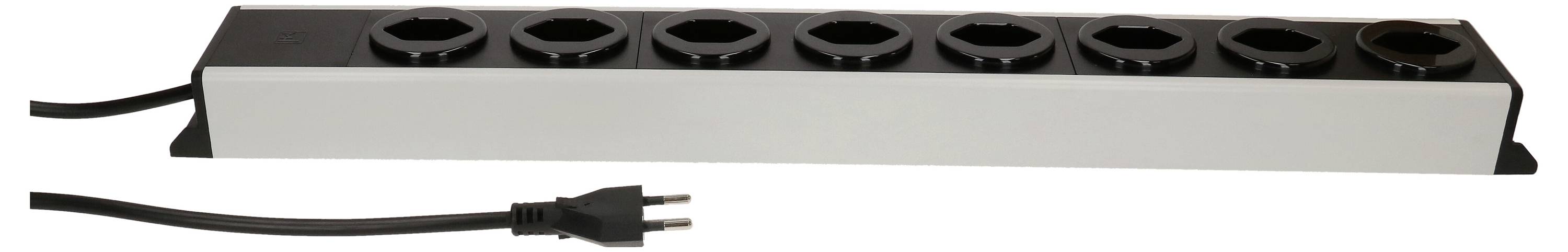 Une barre d'alimentation horizontale avec huit prises et un cordon d'alimentation noir avec une fiche bipolaire, adaptée à un usage de bureau ou domestique.