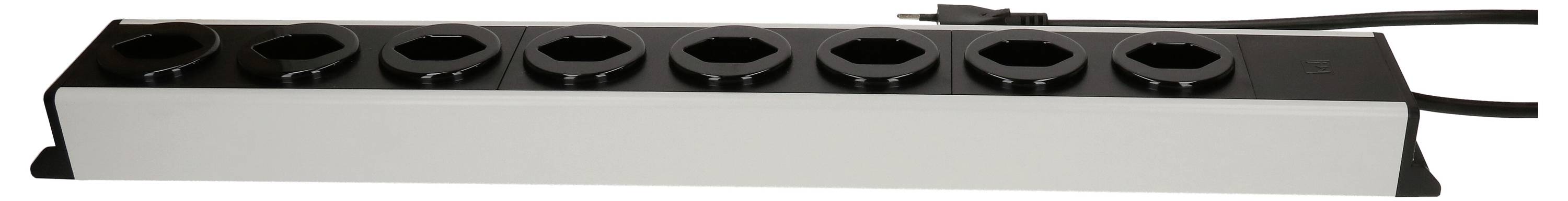 Une barrette multiprises à sept prises avec un design noir et blanc, dotée d'une fiche attachée à un cordon noir.