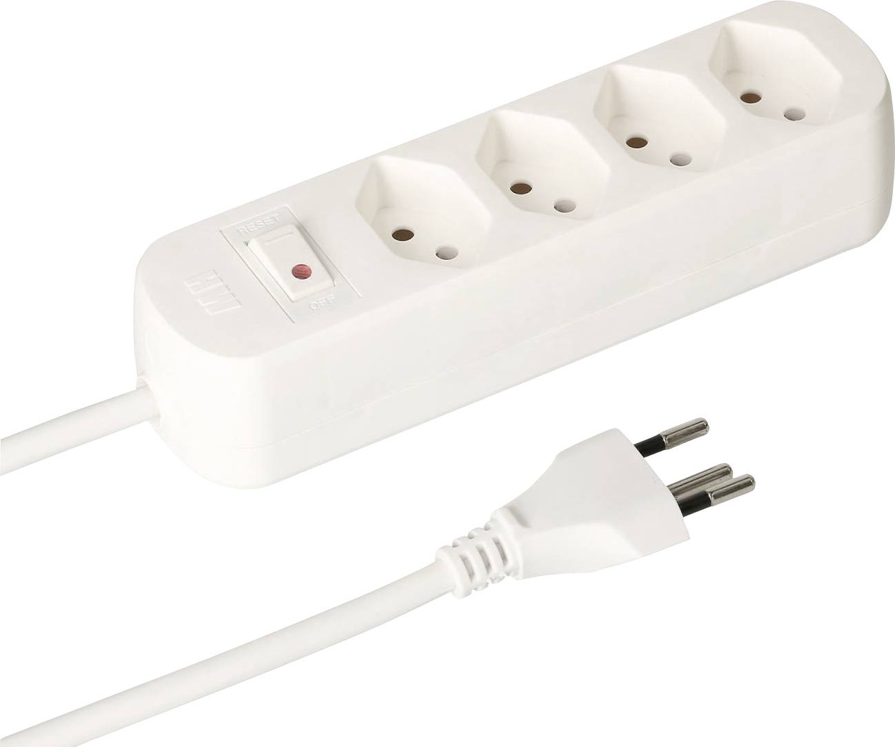 Une rallonge électrique blanche à quatre prises avec un interrupteur et un cordon équipé d'une fiche bipolaire.