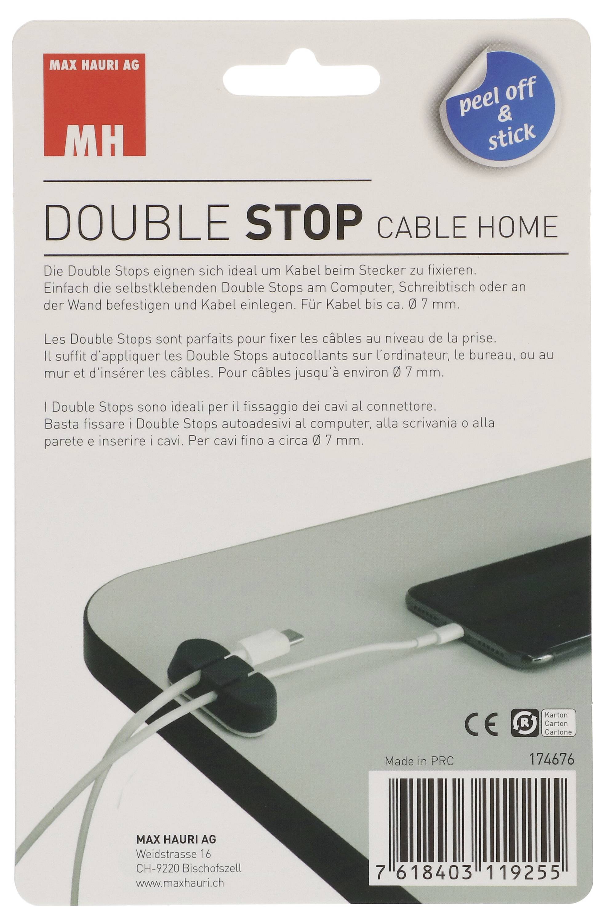 Le kit produit pour « Double Stop Cable Home » montre comment réparer les câbles avec des arrêts adhésifs, adapté aux câbles jusqu'à 7 mm de diamètre.