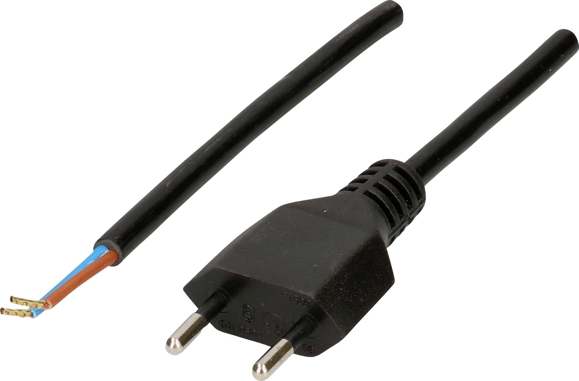 'Un cordon d'alimentation électrique noir avec une fiche à deux broches et des fils dénudés à l'autre extrémité, montrant une isolation en cuivre et bleu.'