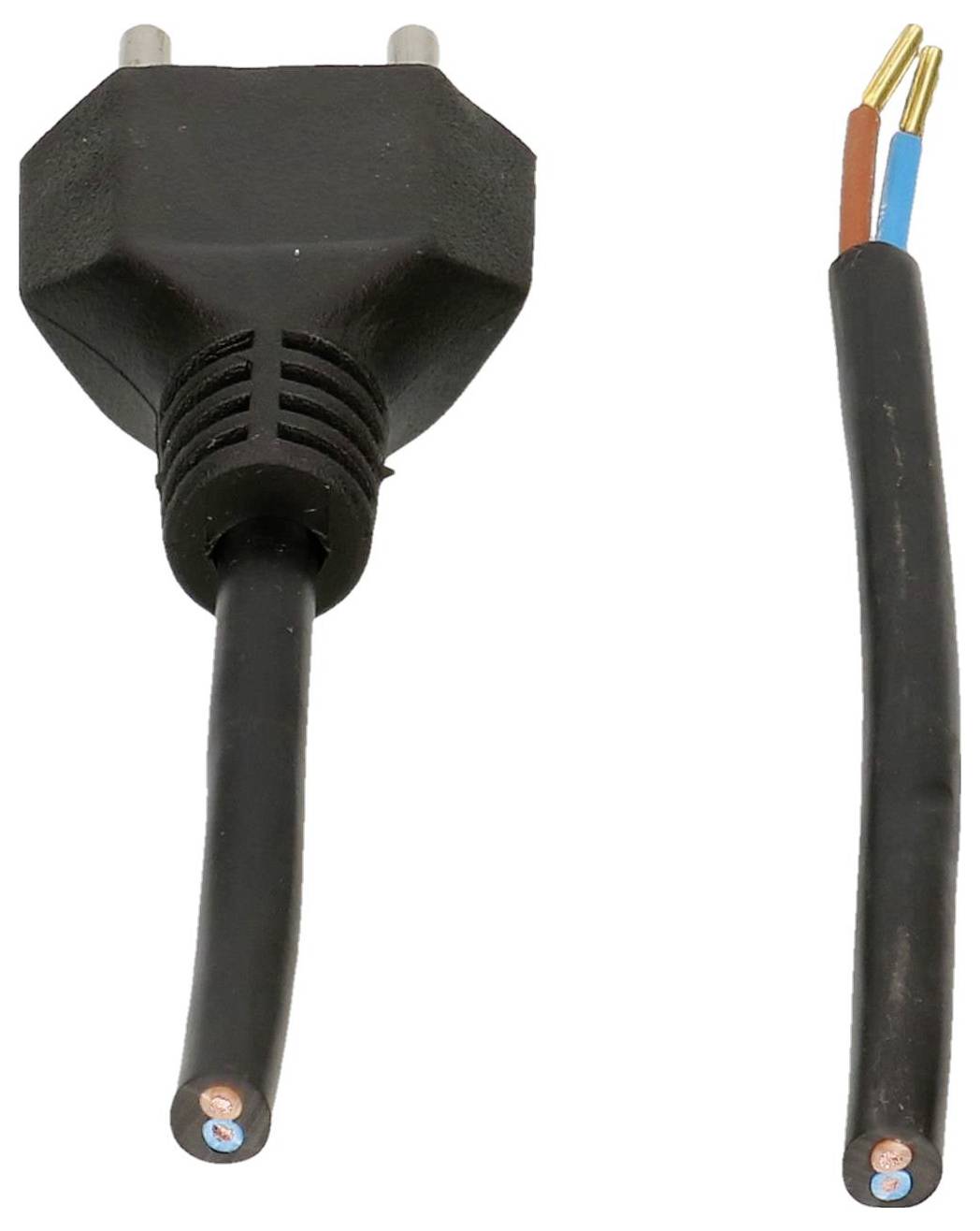 Une fiche électrique noire à deux broches avec son cordon partiellement dénudé, révélant des fils rouges, bleus et en cuivre.