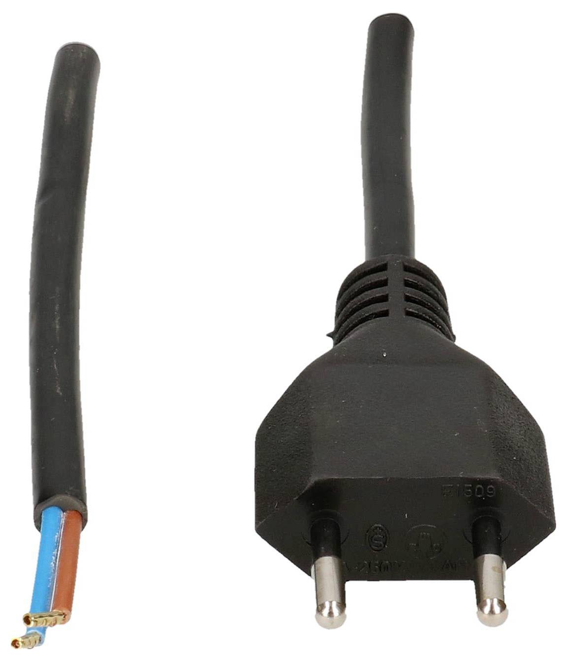 Un connecteur électrique noir avec deux broches et un câble noir avec des fils bleus et bruns dénudés sur la gauche.