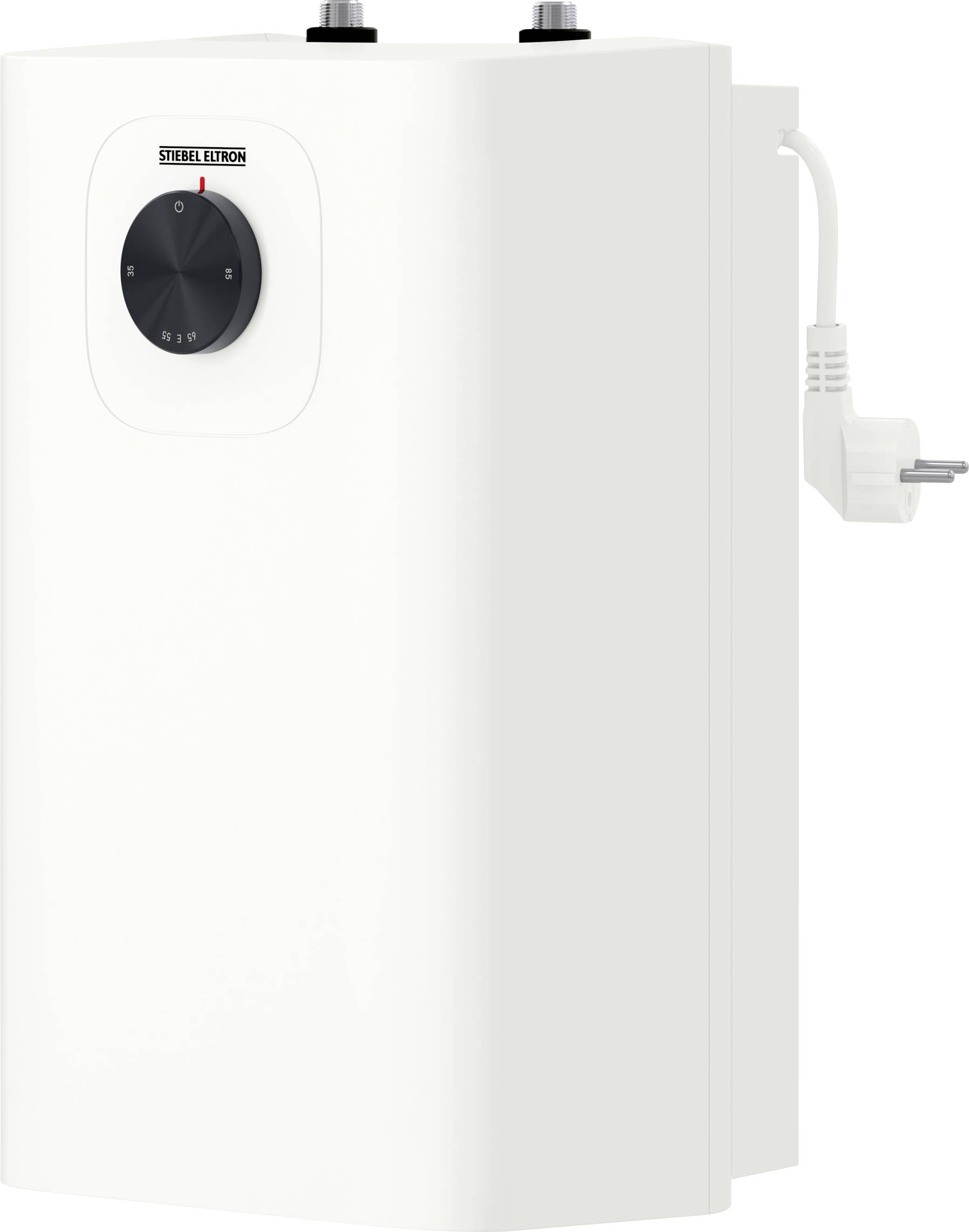 Chauffe-eau électrique blanc avec un cadran de température à l'avant, des tuyaux en haut et un cordon d'alimentation avec prise sur le côté droit.