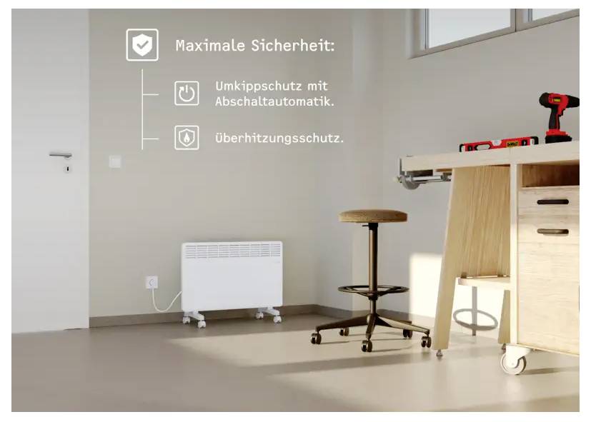 Une pièce aux murs beige et une fenêtre, comportant un radiateur sur le sol, un établi et un tabouret. Un texte en allemand met en évidence les caractéristiques de sécurité.
