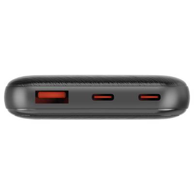 Chargeur portable noir avec un port USB-A et deux ports USB-C, tous mis en évidence en rouge.