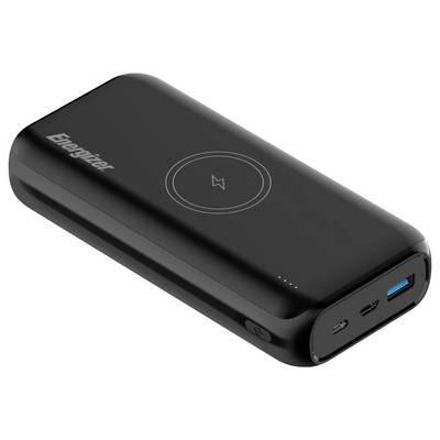 Un powerbank Energizer noir avec un symbole de recharge sans fil sur le dessus, doté de ports USB et USB-C ainsi que des voyants LED.