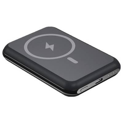 Une batterie externe sans fil compatible MagSafe noire avec un symbole circulaire sur le dessus, un port USB-C, un bouton d'alimentation et des voyants d'état sur le côté.