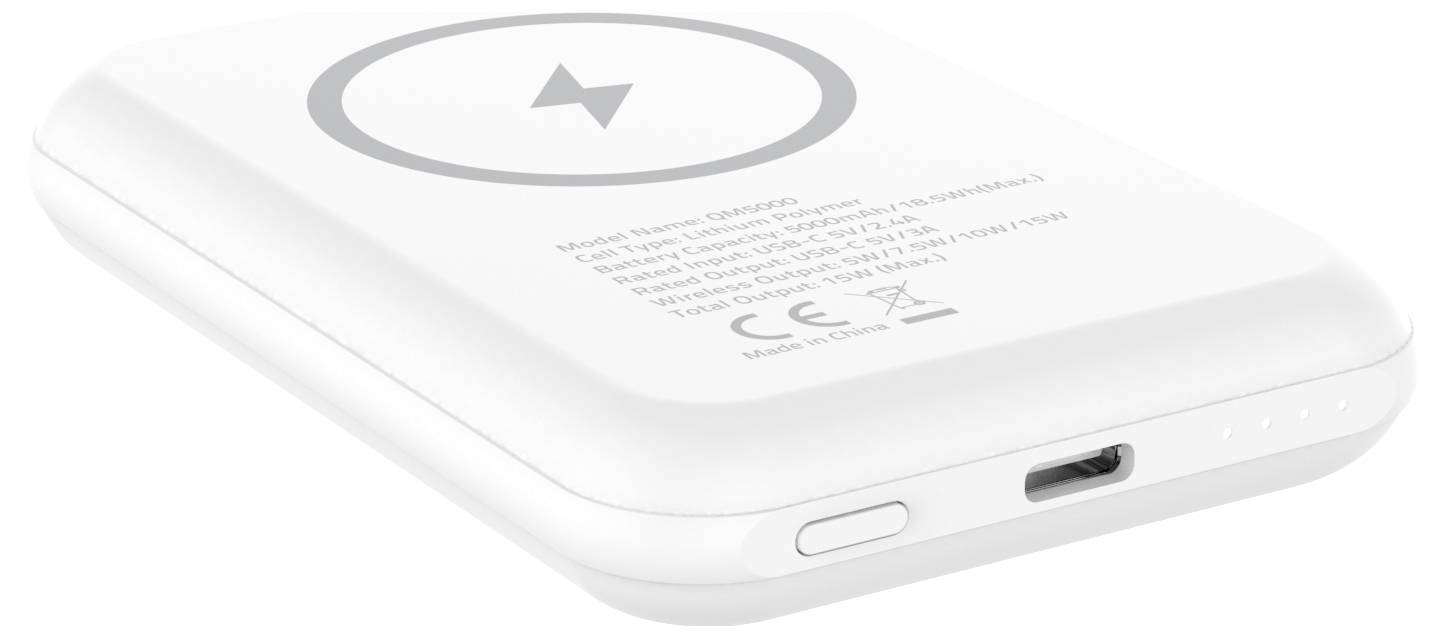Chargeur sans fil blanc portable avec un symbole de charge circulaire sur le dessus, équipé d'un port USB et d'un bouton d'alimentation sur le côté.