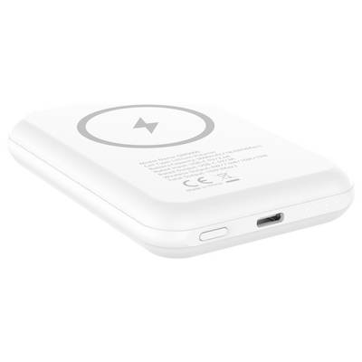 Chargeur sans fil blanc portable avec un symbole de charge circulaire sur le dessus, équipé d'un port USB et d'un bouton d'alimentation sur le côté.