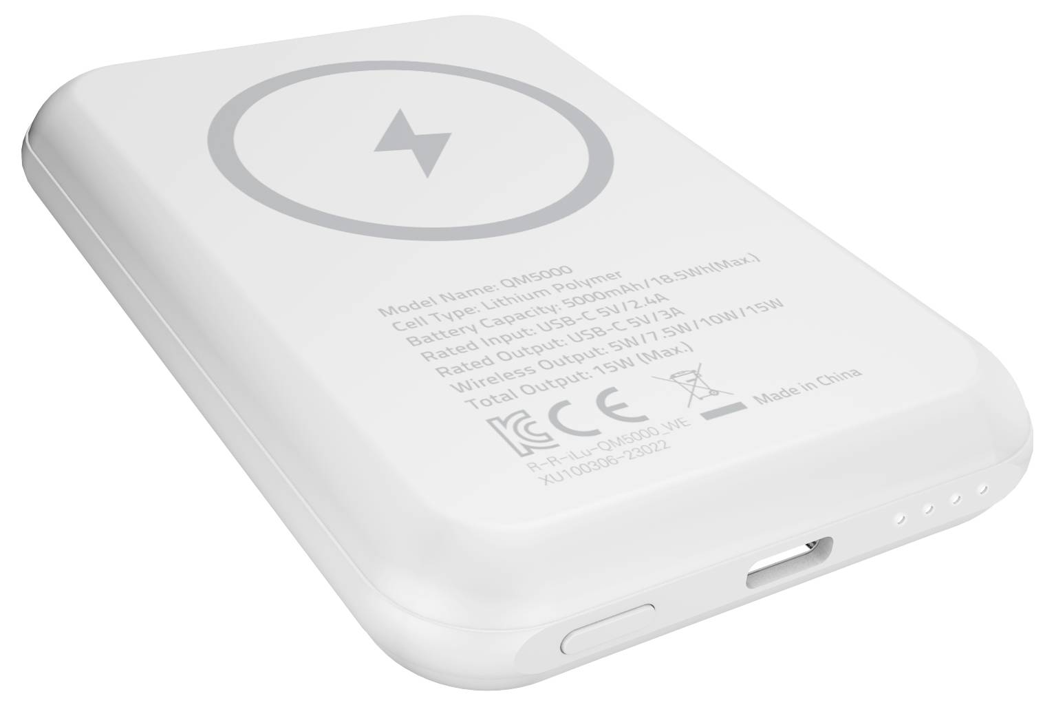 Un chargeur sans fil portable blanc avec un symbole de charge au sommet. Le texte sur la surface affiche les spécifications et les certifications.