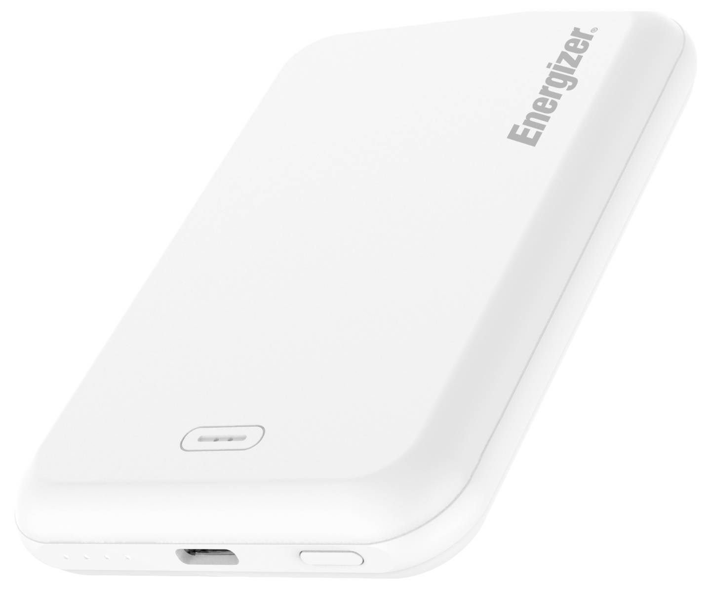 Chargeur portable blanc de forme rectangulaire avec le logo « Energizer », équipé d'un port USB et d'un bouton d'alimentation.