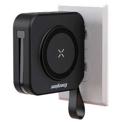 Un appareil de recharge portable noir branché sur une prise murale, doté d'un câble rétractable et d'un socle de recharge sans fil avec un symbole « X ».