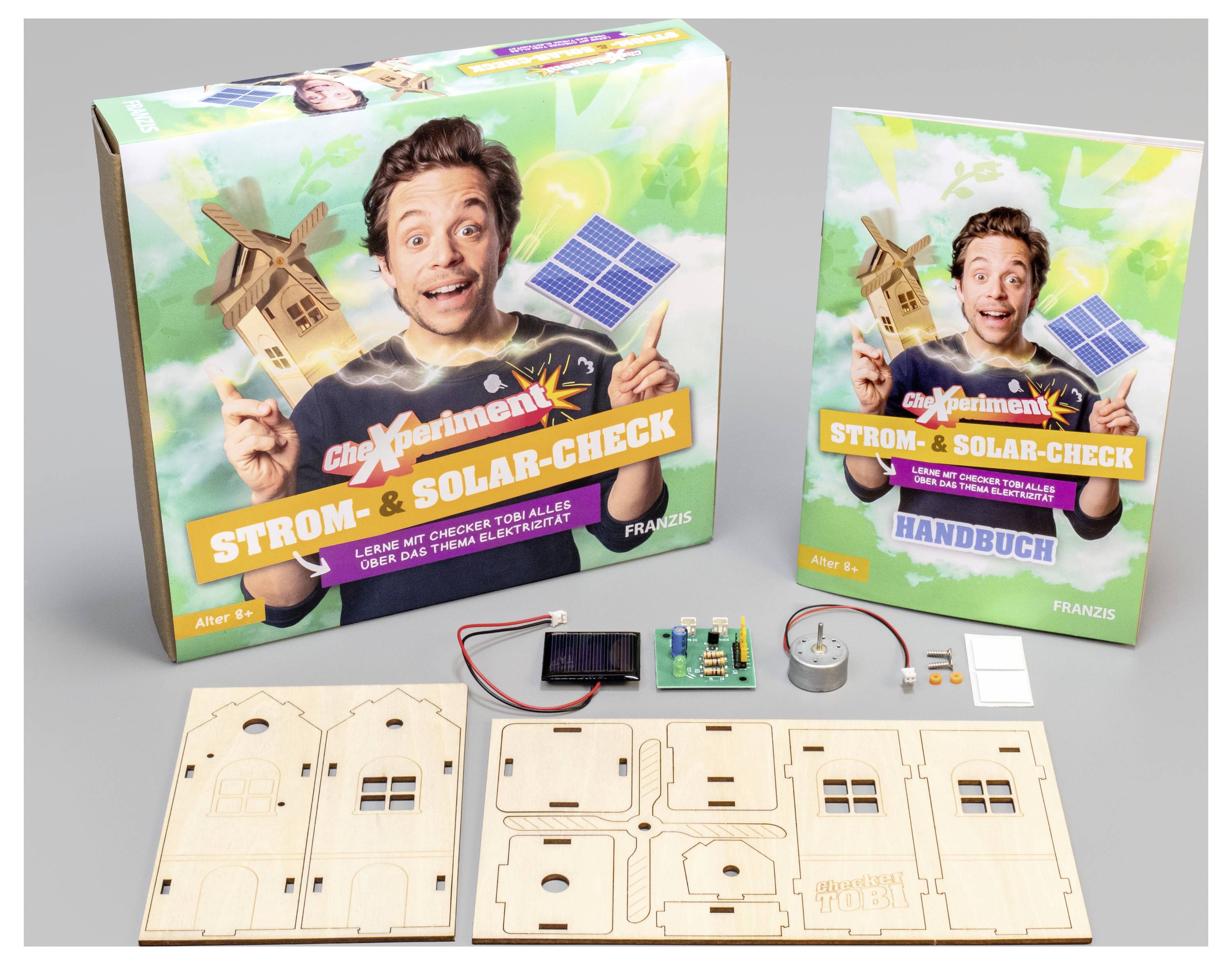 Un kit solaire et électrique de bricolage pour l'apprentissage, comprenant un livret, des composants de circuit et des pièces en bois à assembler. Convient aux enfants de 8 ans et plus.