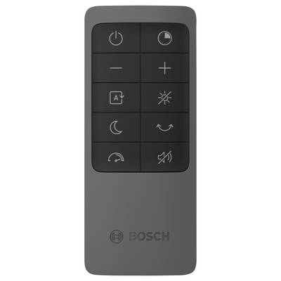 Télécommande Bosch avec boutons d'alimentation, minuterie, moins, plus, mode A, luminosité, nuit, oscillation et sourdine.