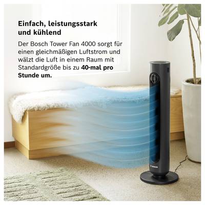 Ventilateur tour Bosch 4000 souffle un flux d'air régulier dans une chambre à coucher; Texte: « Simple, puissant et refroidissant » et « jusqu'à 40 fois par heure ».