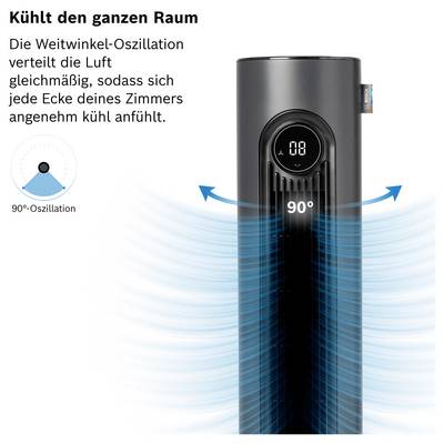 Graphique publicitaire d'un ventilateur de tour noir avec oscillation de 90° ; les flux d'air bleus montrent qu'il refroidit la pièce de manière uniforme.