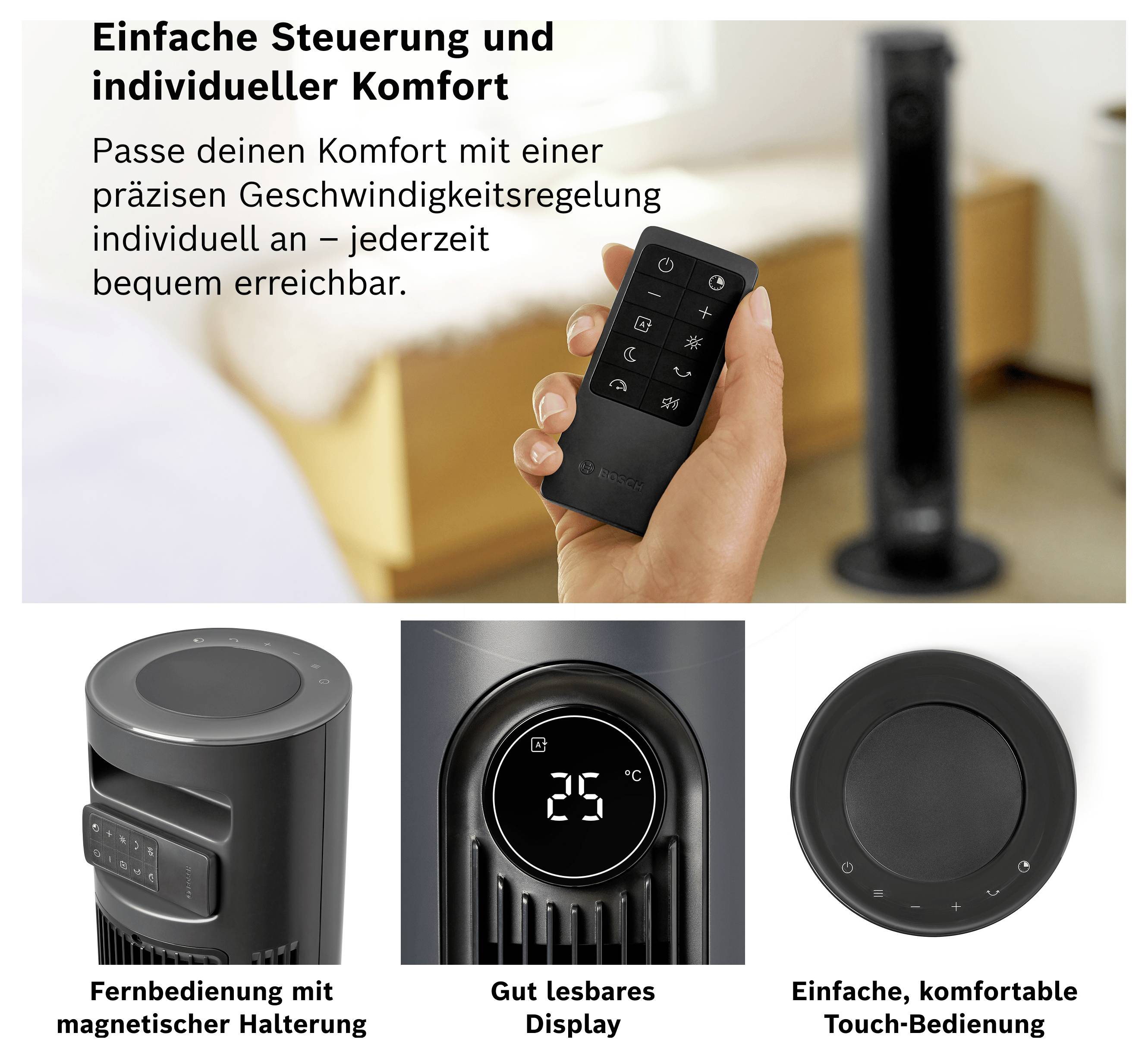 Publicité pour un radiateur soufflant avec télécommande : La main tient la télécommande ; le texte mentionne un contrôle précis de la vitesse. En bas trois caractéristiques : support magnétique, affichage facile à lire, commande tactile.