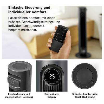 Publicité pour un radiateur soufflant avec télécommande : La main tient la télécommande ; le texte mentionne un contrôle précis de la vitesse. En bas trois caractéristiques : support magnétique, affichage facile à lire, commande tactile.