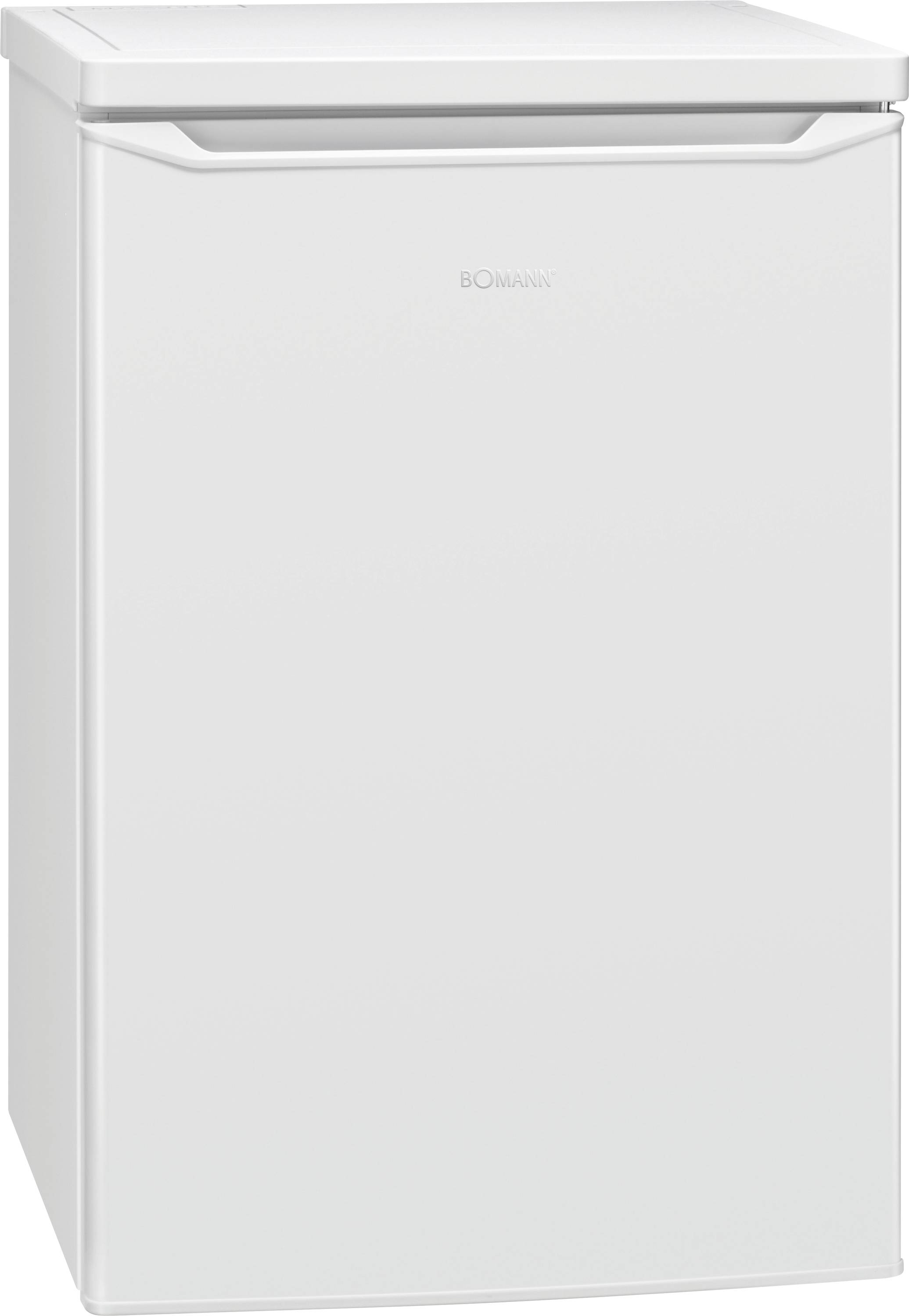 Petit congélateur compact vertical blanc ou petit réfrigérateur avec une porte avant lisse et un couvercle à charnière supérieure, présenté sur un fond blanc.