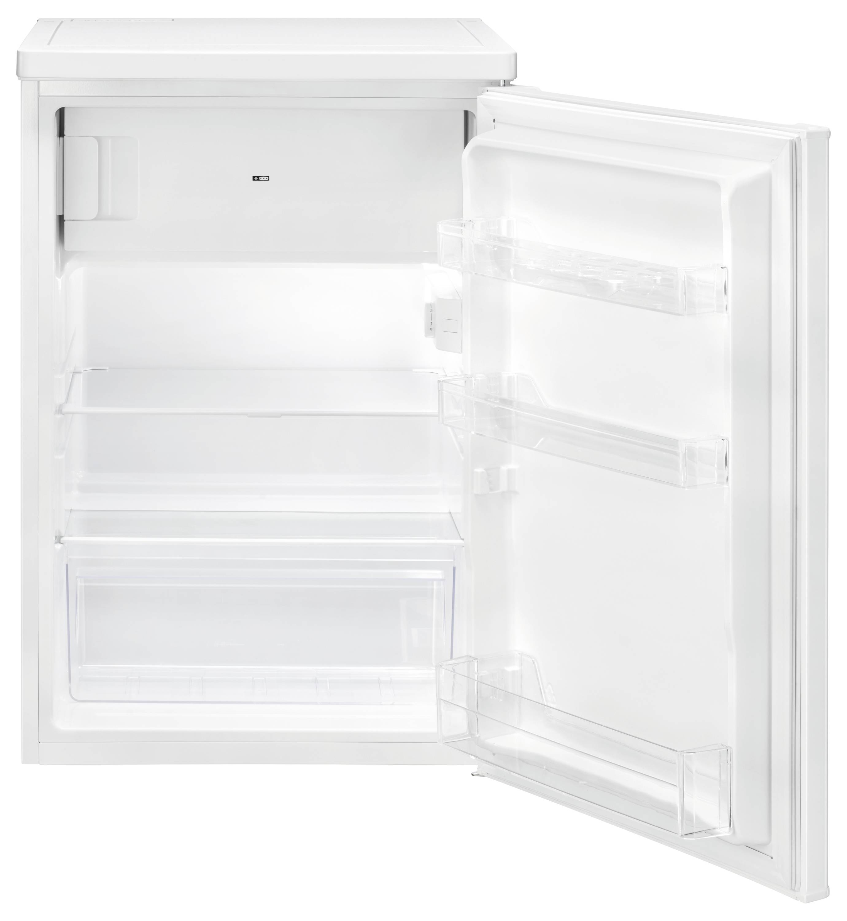 Réfrigérateur blanc ouvert avec la porte grande ouverte, montrant des étagères vides, des compartiments de porte et un tiroir congélateur.